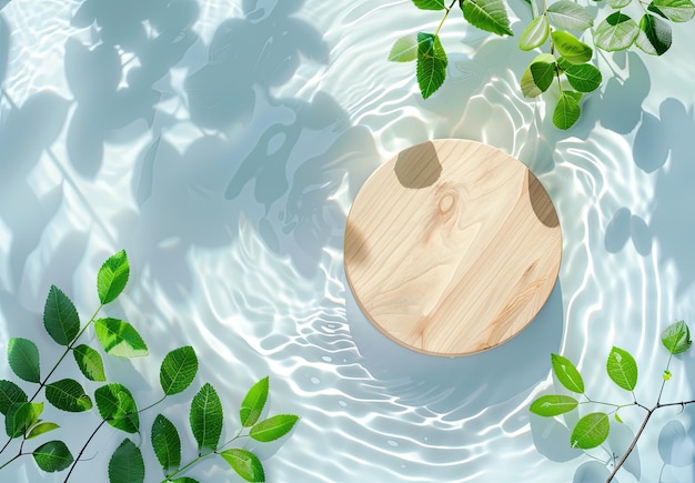 un círculo de madera con hojas verdes en él y un círcolo de madera en el medio