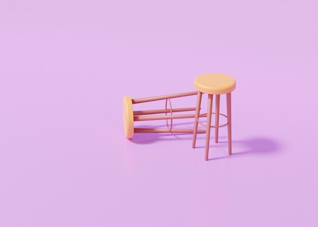 Círculo de madera marrón dos sillas sobre fondo morado. silla choca uno. idea estilo minimalista. Ilustración de procesamiento 3D