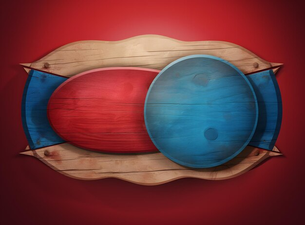 Un círculo de madera rojo y azul con dos círculos en él.