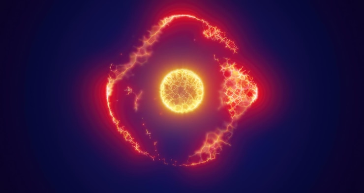Foto círculo mágico de energia amarela bola de esfera feita de ondas futuristas e linhas de partículas