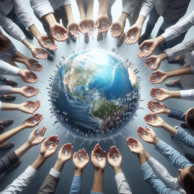 Foto un círculo de manos con personas sosteniendo un globo con el mundo a su alrededor