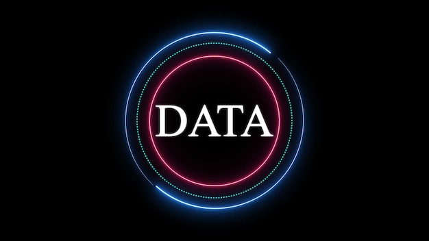 Círculo de neón con la palabra DATA en el centro contra un fondo oscuro