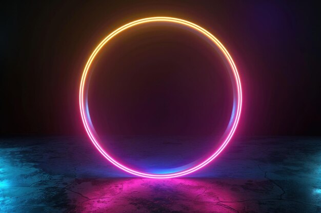 Círculo de neón que brilla en un espacio oscuro creando una atmósfera vibrante y moderna con coloridos reflejos de luz
