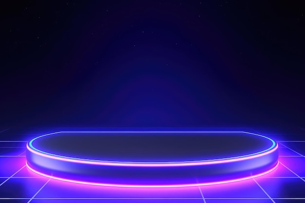 Círculo de neón Rayos láser brillantes Pasillo Pasillo generativo ai Podio vacío