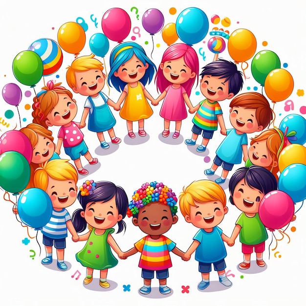 un círculo de niños con globos y un círcolo de niños tomados de la mano