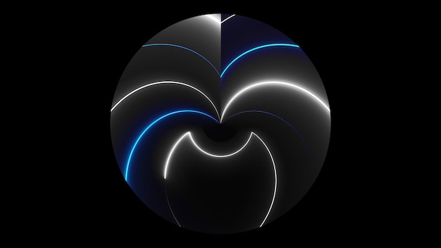 Círculo oscuro con líneas asimétricas de neón de luz generado por computadora 3d renderizado fondo de club nocturno