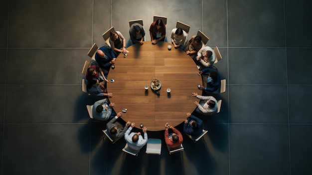 Foto un círculo de personas sentadas alrededor de una mesa redonda con un círculo redondo en la parte superior.