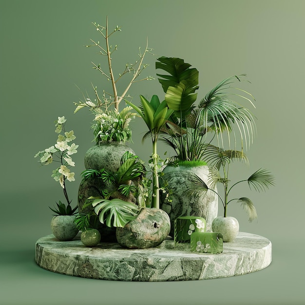 un círculo de piedra con plantas y flores en él