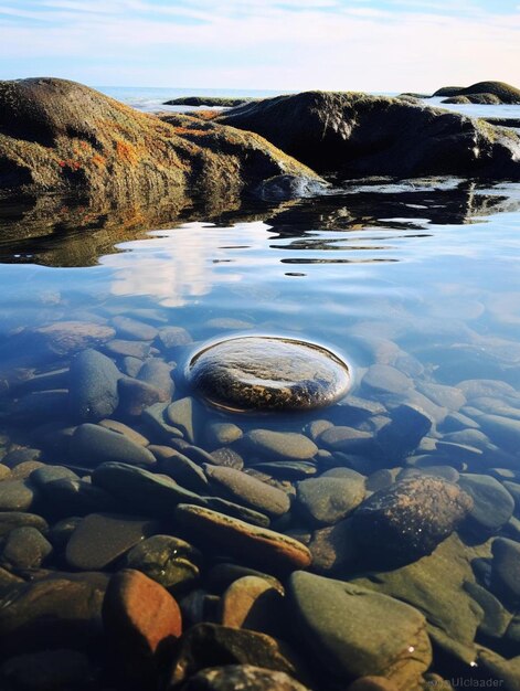 un círculo de piedras en el agua con un palo dentro.