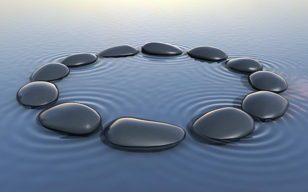 Foto un círculo de piedras negras está rodeado de ondas y las palabras 'zen' en la parte inferior derecha.
