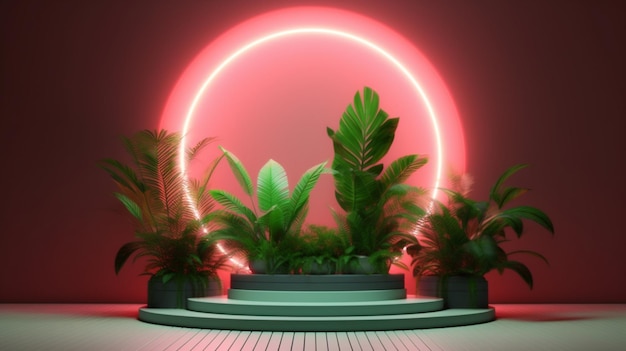 Un círculo de plantas con una luz roja detrás