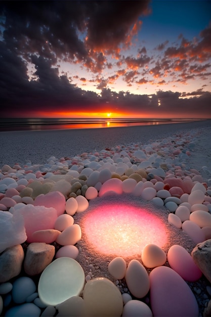 Círculo de rocas en una playa con una puesta de sol en el fondo ai generativo