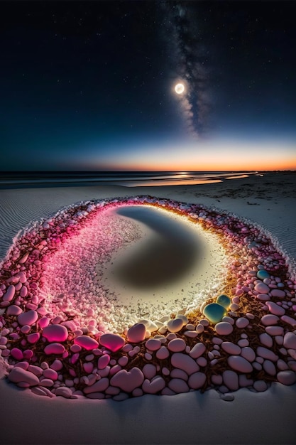 Círculo de rocas sentadas en la parte superior de una playa de arena generativa ai