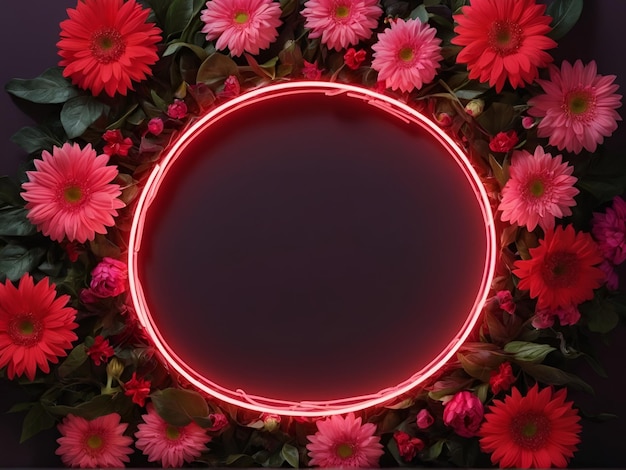 Un círculo rojo de luz de neón sobre un fondo de flores