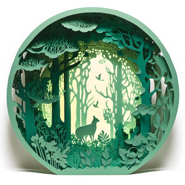 Círculo verde floresta papercut diorama origami árvore generativa ia