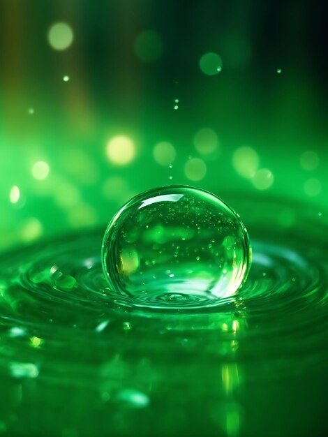Foto círculo de vidrio verde con gotas de agua que fluyen y luz iluminadora