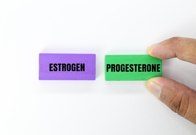 Foto círculos coloridos com as palavras estrogênio e progesterona conceito de hormônios femininos e menopausa