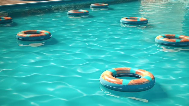 Círculos de natação coloridos flutuando na piscina