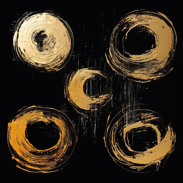 Foto círculos dourados em ilustração de pincel em fundo preto no estilo de marcas gestuais emocionais