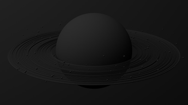 Círculos y esfera grande negra. Fondo negro. Ilustración monocromática abstracta, render 3d.