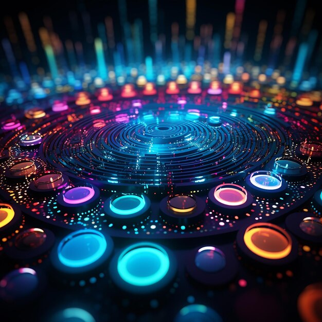 Los círculos futuristas brillan con encendido multicolor.