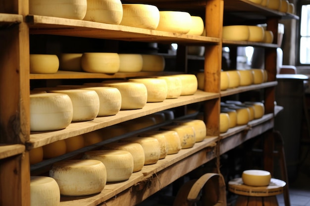 Círculos de maduración de producción de queso en la bodega.