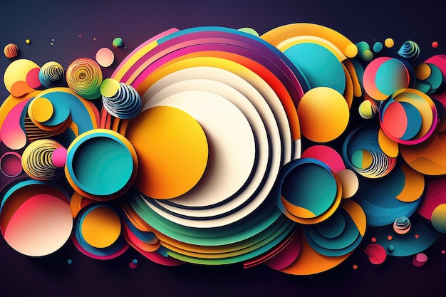 Círculos y rayas superpuestos vibrantes y coloridos en un diseño de estilo vectorial con un degradado