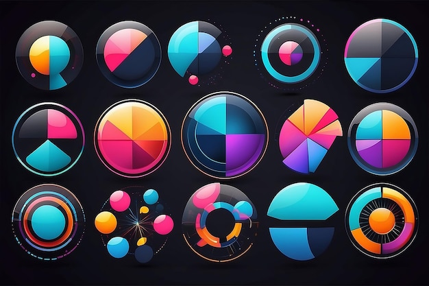 Círculos y sectores coloridos Formas geométricas artísticas en estilo de morfismo de vidrio Elementos de diseño vectorial abstracto