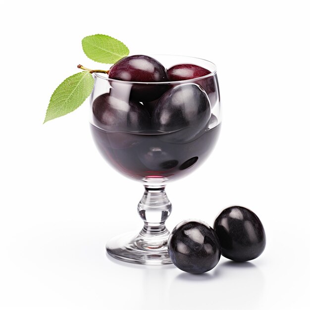 ciruelas cerezas negras en un vaso sobre fondo blanco