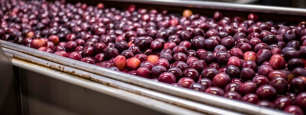 Ciruelas en una fábrica de alimentos limpias y frescas listas para el envasado automático IA generativa