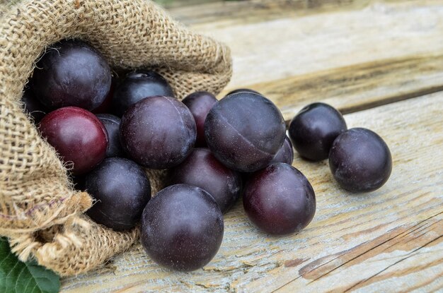 Ciruelas rojas de la casa en una bolsa