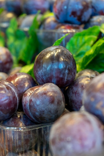 Ciruelas rojas empacadas en el mostrador de la tienda de comestibles