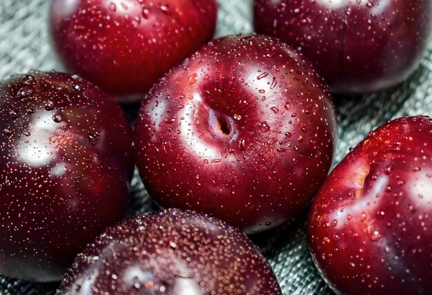 Ciruelas rojas frescas y maduras en un fondo de la materia textil.