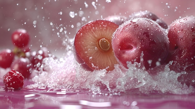 Ciruelas vibrantes chapoteando en el agua fotografía dinámica de frutas frescura capturada perfecta para uso culinario imagen artística de comida AI