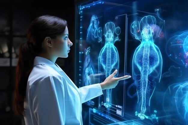 Foto cirujana médica que utiliza tecnología de simulación holográfica concepto procedimiento operativo en paciente