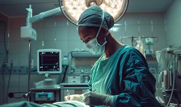 Una cirujana con uniforme y una máscara opera a un paciente en una sala de operaciones