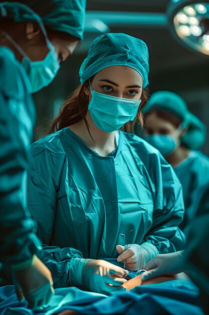 Foto cirujana en uniforme operando con el equipo médico en el quirófano