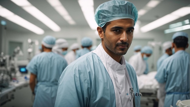 Foto cirujano árabe mira a la cámara adiates y satisfacción en la sala de operaciones