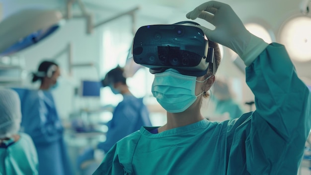 Foto un cirujano explora la tecnología de realidad virtual en una sala de operaciones futurista