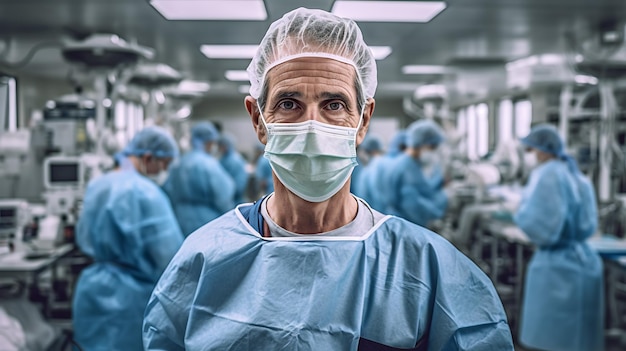 Cirujano masculino seguro de retrato en el quirófano del hospital Creado con tecnología de IA generativa
