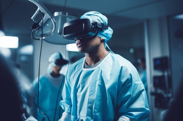 Un cirujano médico profesional con auriculares de realidad virtual en una sala de operaciones