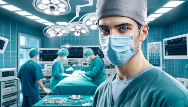 Foto cirujano profesional en una sala de operaciones de alta tecnología en medio de una cirugía compleja