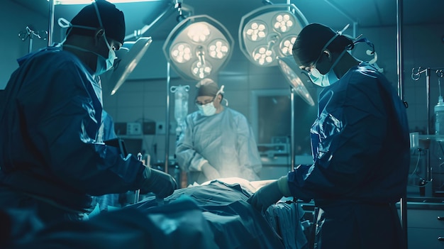 Cirujanos en una sala de operaciones estéril realizando una operación crítica espacio de copia