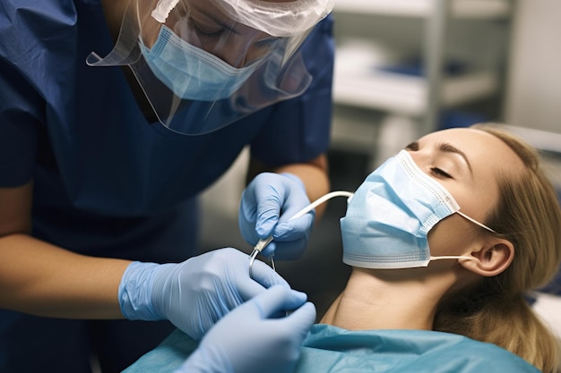 Cirurgiã caucasiana colocando máscara facial anestésica em paciente na sala de cirurgia do hospital