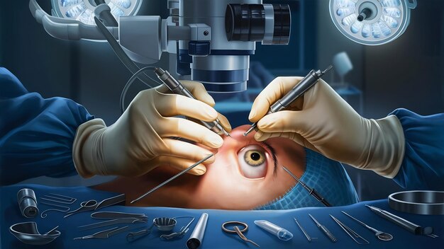 Foto cirurgia ocular um paciente e um cirurgião na sala de cirurgia durante uma cirurgia oftalmológica