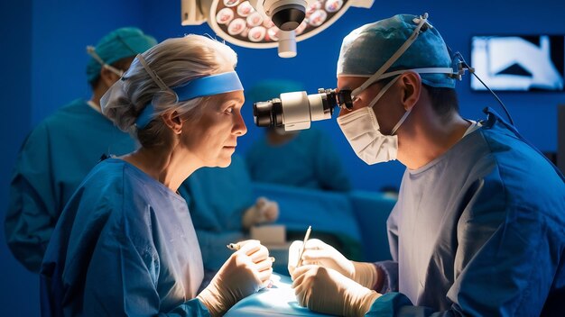 Cirurgia ocular um paciente e um cirurgião na sala de cirurgia durante uma cirurgia oftalmológica