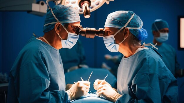 Foto cirurgia ocular um paciente e um cirurgião na sala de cirurgia durante uma cirurgia oftalmológica