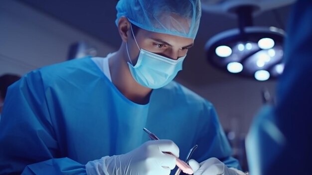 Foto cirurgião a trabalhar na sala de cirurgia preparação para o início da operação cirúrgica