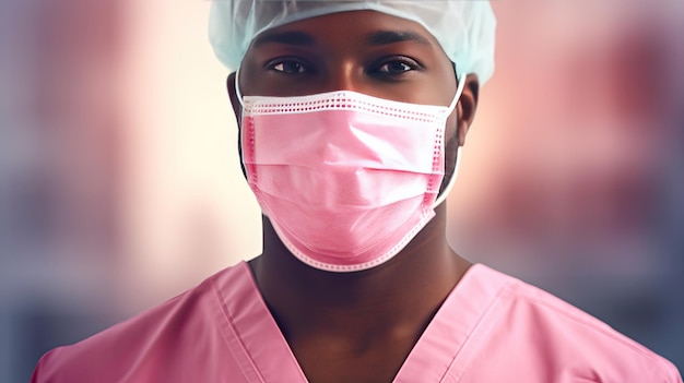 Cirurgião africano sorridente em jaleco usando máscara olhando para o fundo rosa bokeh da câmera
