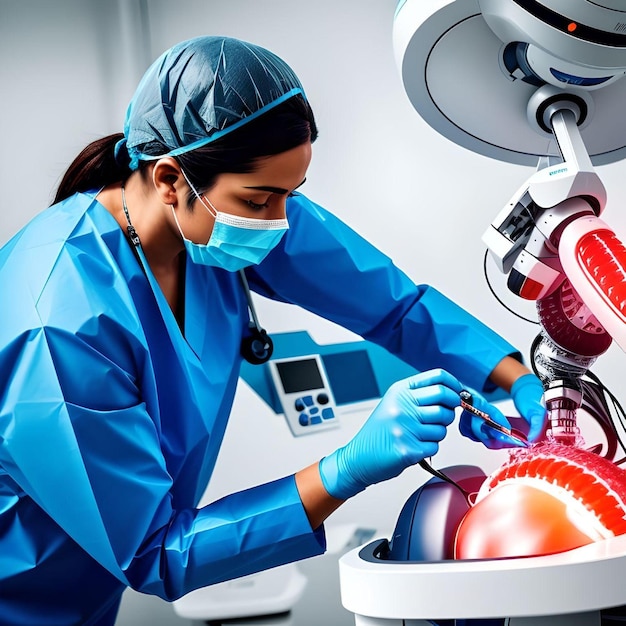 Cirurgião realiza cirurgia na ilustração conceitual de saúde do robô mecânico